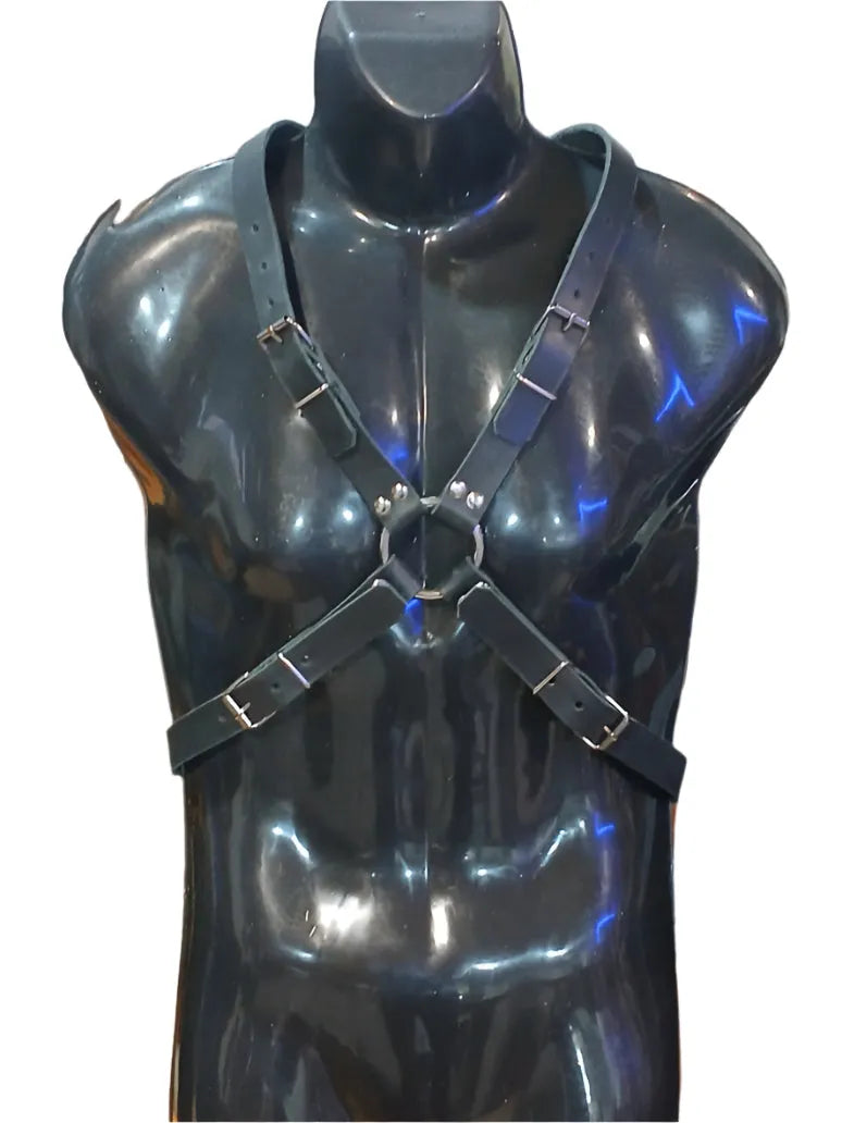 A black manniquin wearing a leather harness that goes over the shoulders, down to his waist, then to the crotch.