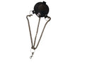 Black leather pouch with metal chain for stretching the balls.