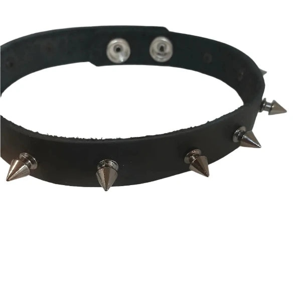 Black leather choker with gunsmoke coloured spikes on a white background