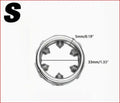 Metal washer with dimensions labeled on a white background