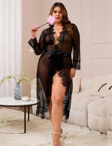 Sexy Mesh Lace Long Nightgown with Belt
