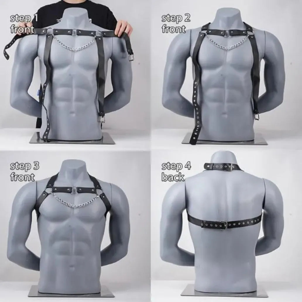 “Step-by-step fitting of a collared sub harness—front and back views on a torso mannequin.”