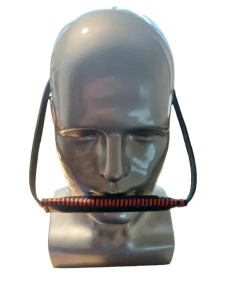 manniquin head wearing a tubular leather gag in his mouth