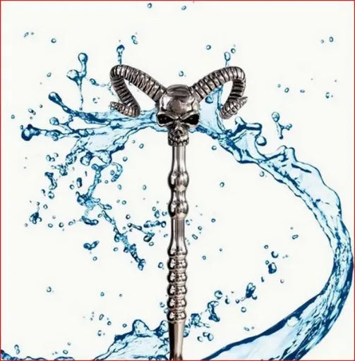 metal rod with a skull with horns on top for sounding.