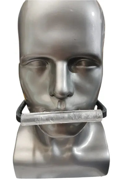 manniquin wearing a tubula piece of acrylic in his mouth to keep him quiet