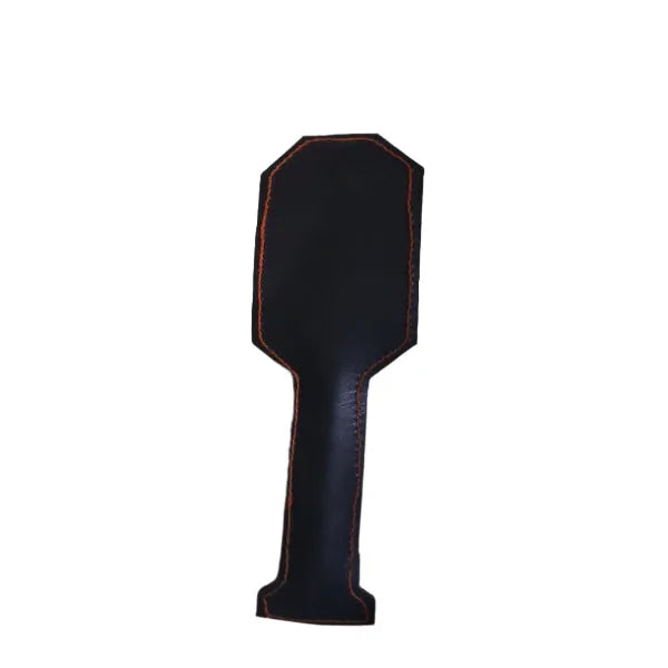 Black paddle with red stitching on a white background