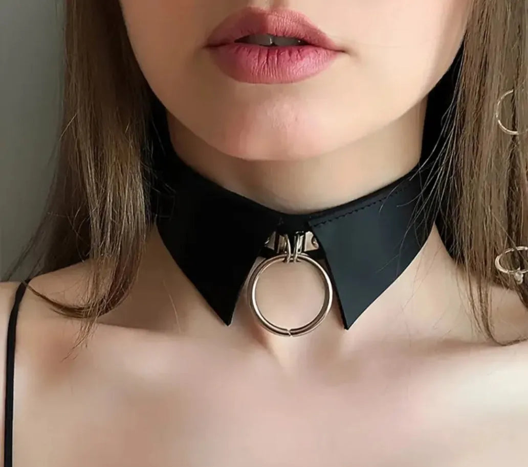 "STLW" Leather Black Tie Collar