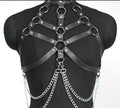Black leather harness with chain details on a mannequin