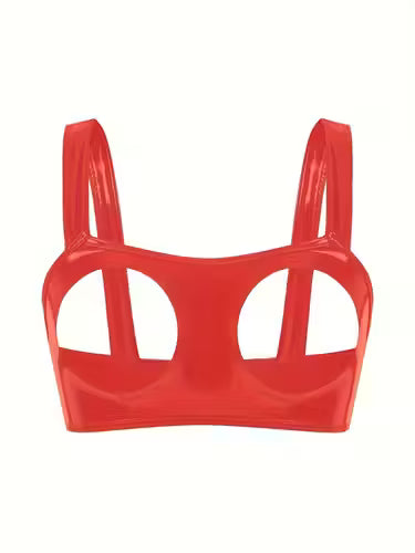 red bra with no actual cups on a white back ground
