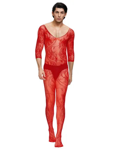 Fishnet & Lace Crotchless Floral Bodystockings For Men