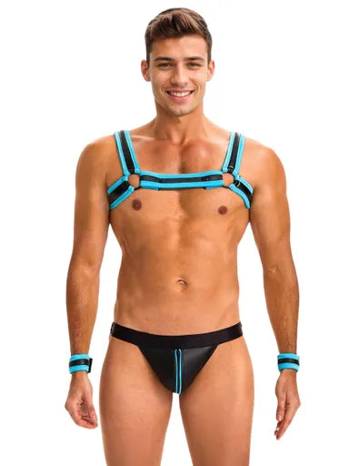 Blue Men Sexy PU Leather Harness Zipper Underwear Set