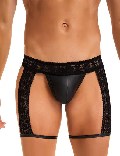 Sexy Black Lace Imitation Leather Men Underwear
