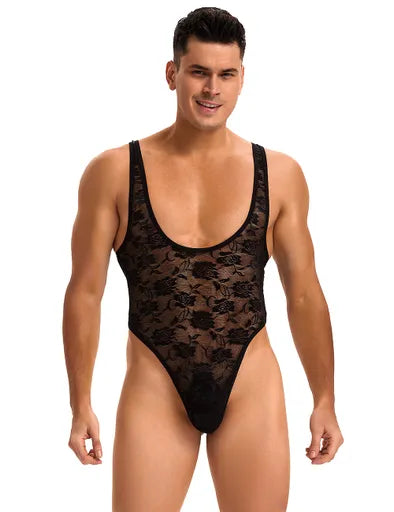 Sexy Black Men's Low Cut Lace Bodysuit