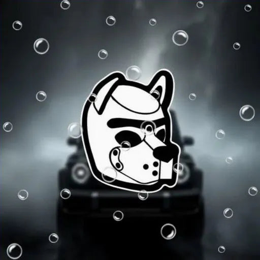 Car sticker of a pup play mask