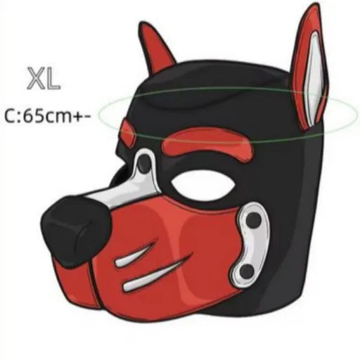 Red and black dog mask with white accents on a white background