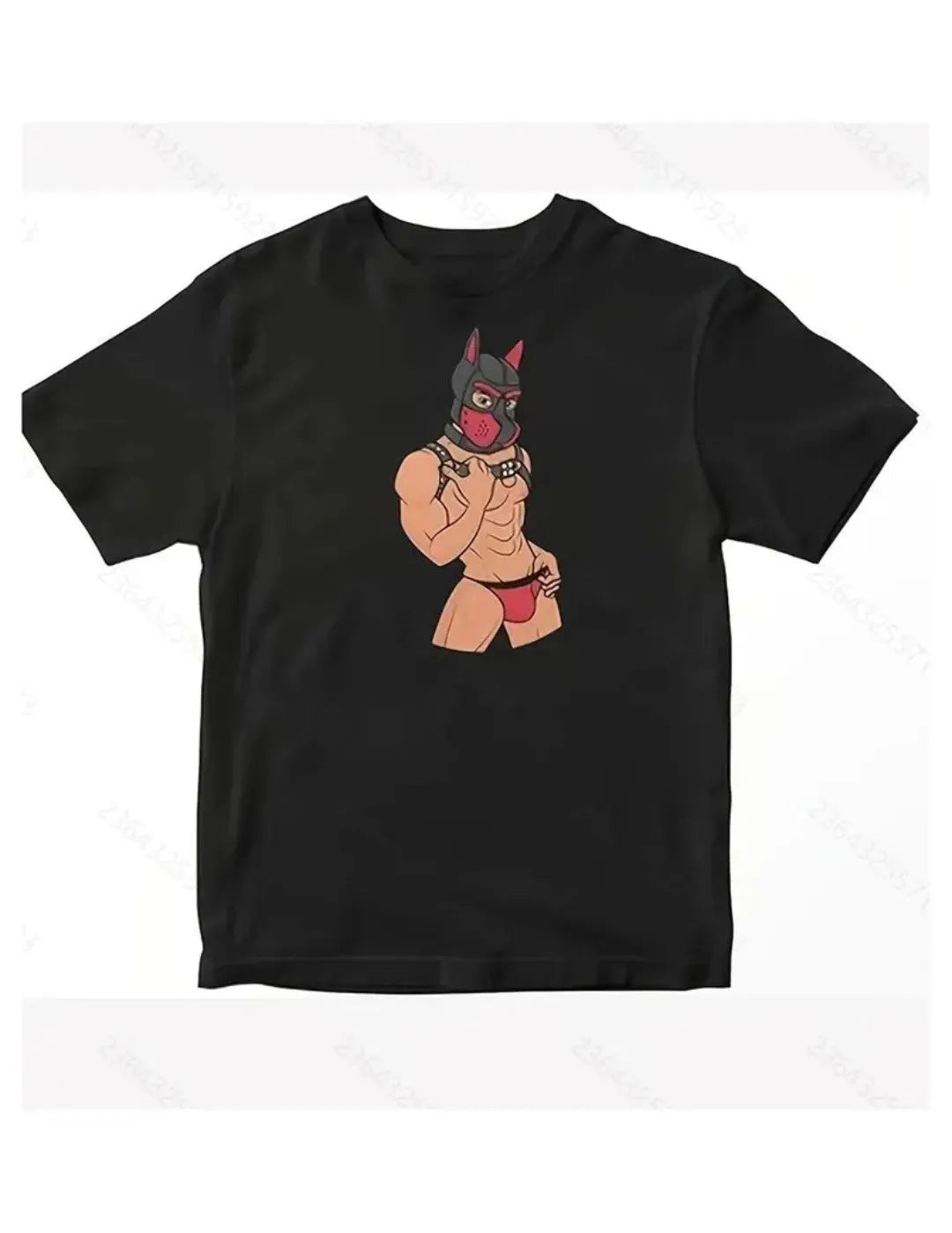 T-shirt muscled man wearing a dog mask harmess and jockstrap