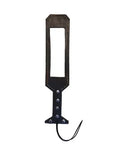 Black leather paddle with metal studs on a white background .