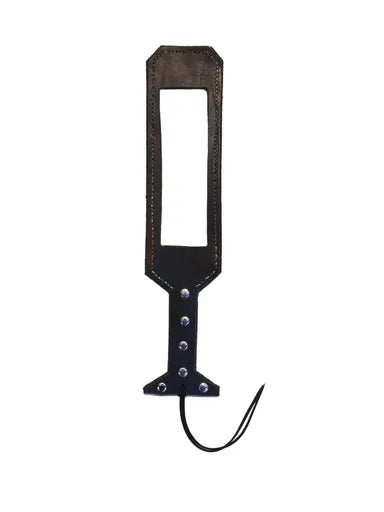 Black leather paddle with metal studs on a white background .