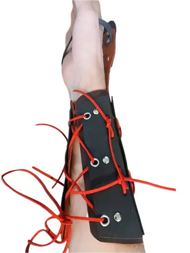 Side view of a lather gauntlet with red lacing