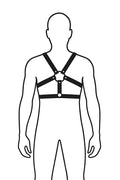 Outline of a person wearing a black harness with 6 straps of leather, 2 mid chest, 2 under the arm pits and 2 over the shoulders. On a white background