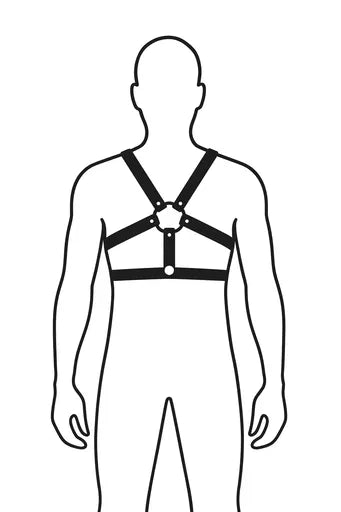 Outline of a person wearing a black harness with 6 straps of leather, 2 mid chest, 2 under the arm pits and 2 over the shoulders. On a white background
